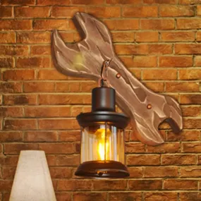 Rustic Lantern Indoor Wall Light: Unique Design, Clear Glass, 1 Light Sconce Lamp with Wooden Backplate, Black Finish