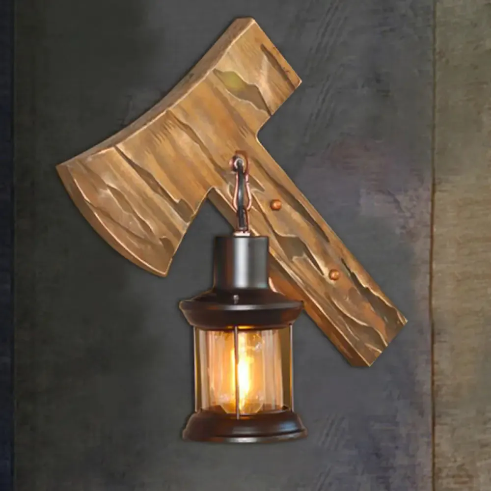 Rustic Lantern Indoor Wall Light: Unique Design, Clear Glass, 1 Light Sconce Lamp with Wooden Backplate, Black Finish