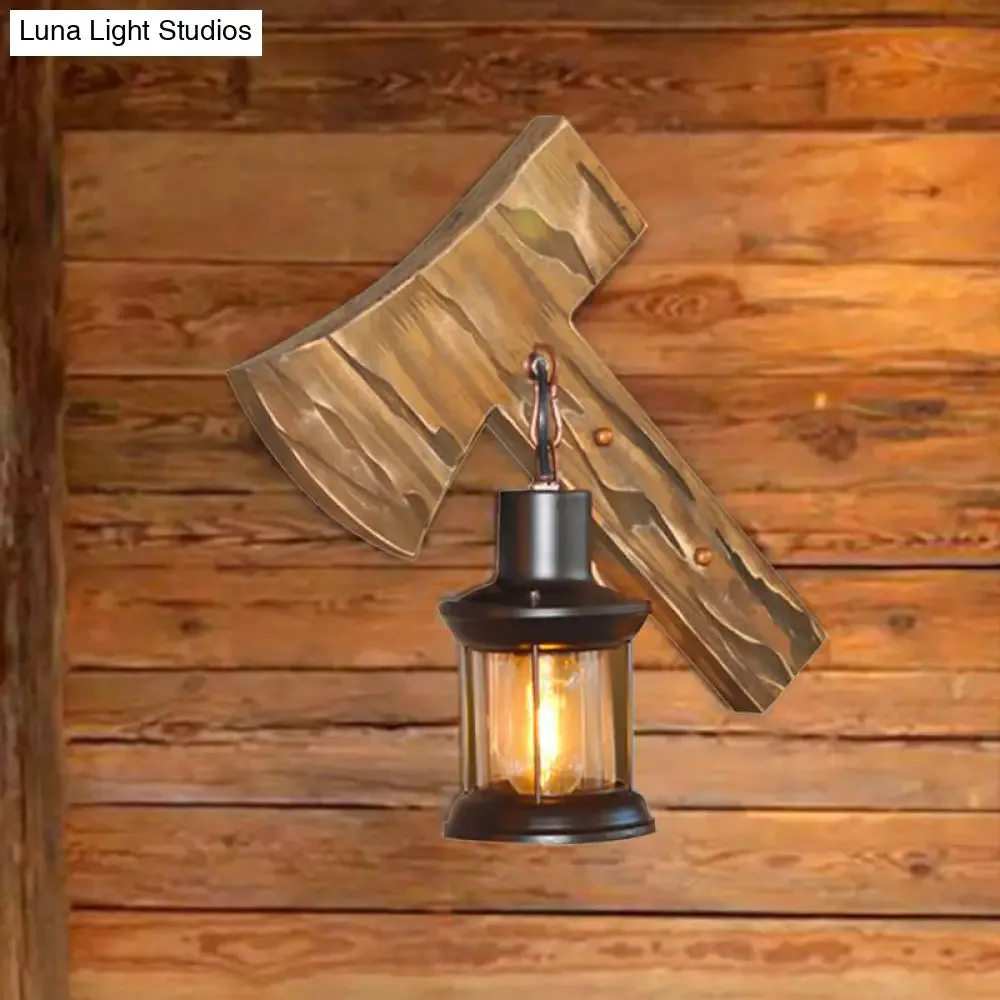 Rustic Lantern Indoor Wall Light: Unique Design, Clear Glass, 1 Light Sconce Lamp with Wooden Backplate, Black Finish