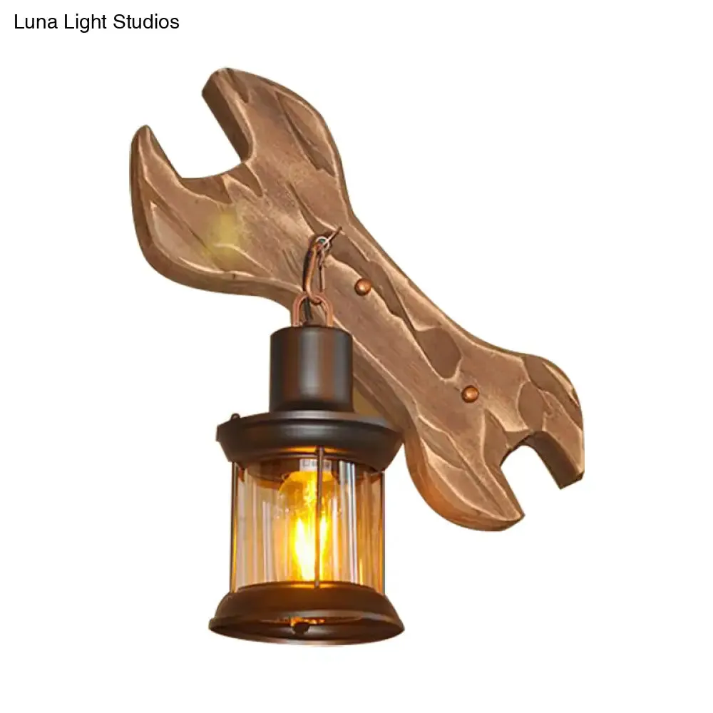 Rustic Lantern Indoor Wall Light: Unique Design, Clear Glass, 1 Light Sconce Lamp with Wooden Backplate, Black Finish