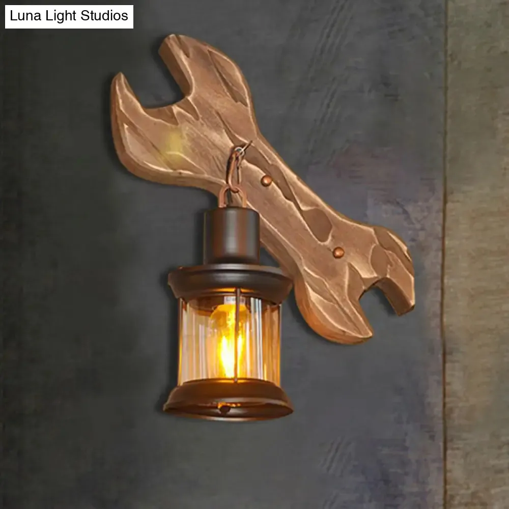 Rustic Lantern Indoor Wall Light: Unique Design, Clear Glass, 1 Light Sconce Lamp with Wooden Backplate, Black Finish