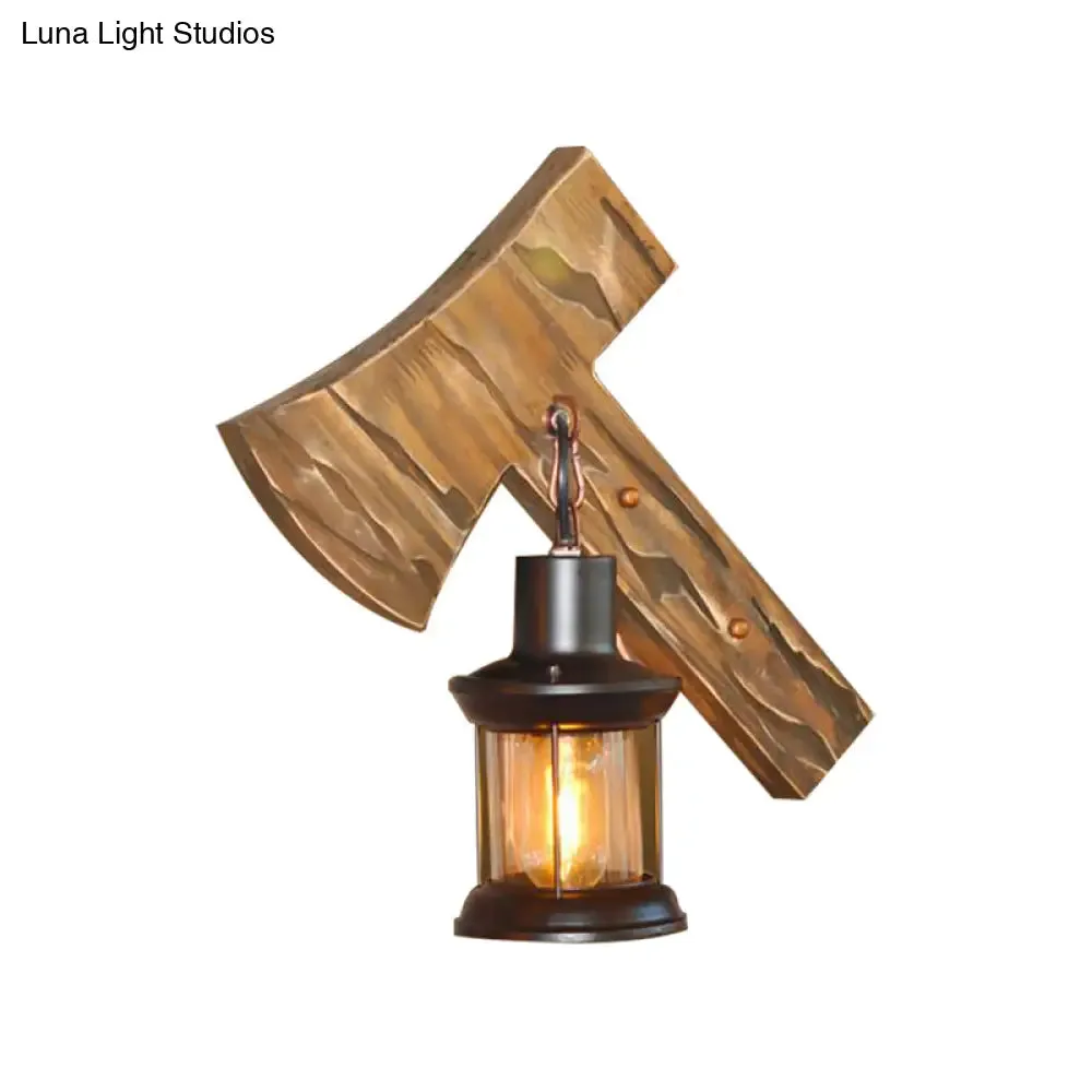 Rustic Lantern Indoor Wall Light: Unique Design, Clear Glass, 1 Light Sconce Lamp with Wooden Backplate, Black Finish