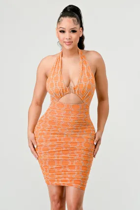 SEXY MESH HALTER NECK GOLD HOOK KEYHOLE MINI DRESS