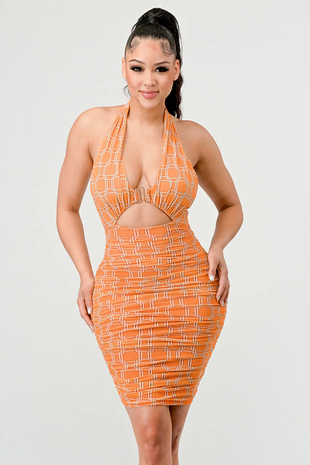 SEXY MESH HALTER NECK GOLD HOOK KEYHOLE MINI DRESS