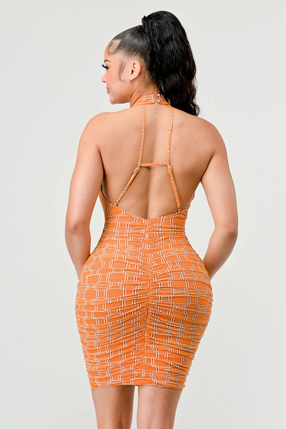 SEXY MESH HALTER NECK GOLD HOOK KEYHOLE MINI DRESS