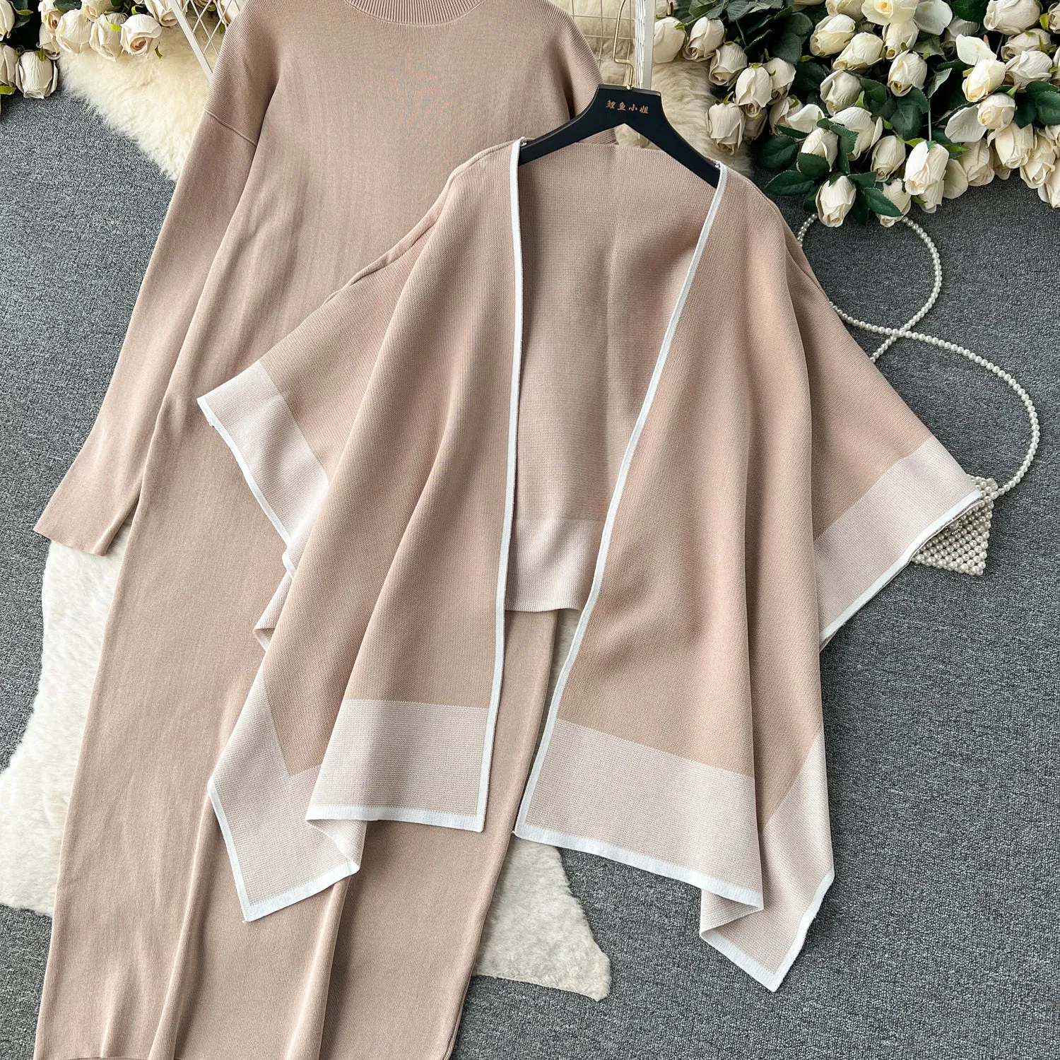 Shawl Cardigan&Knitted Dress 2Pcs