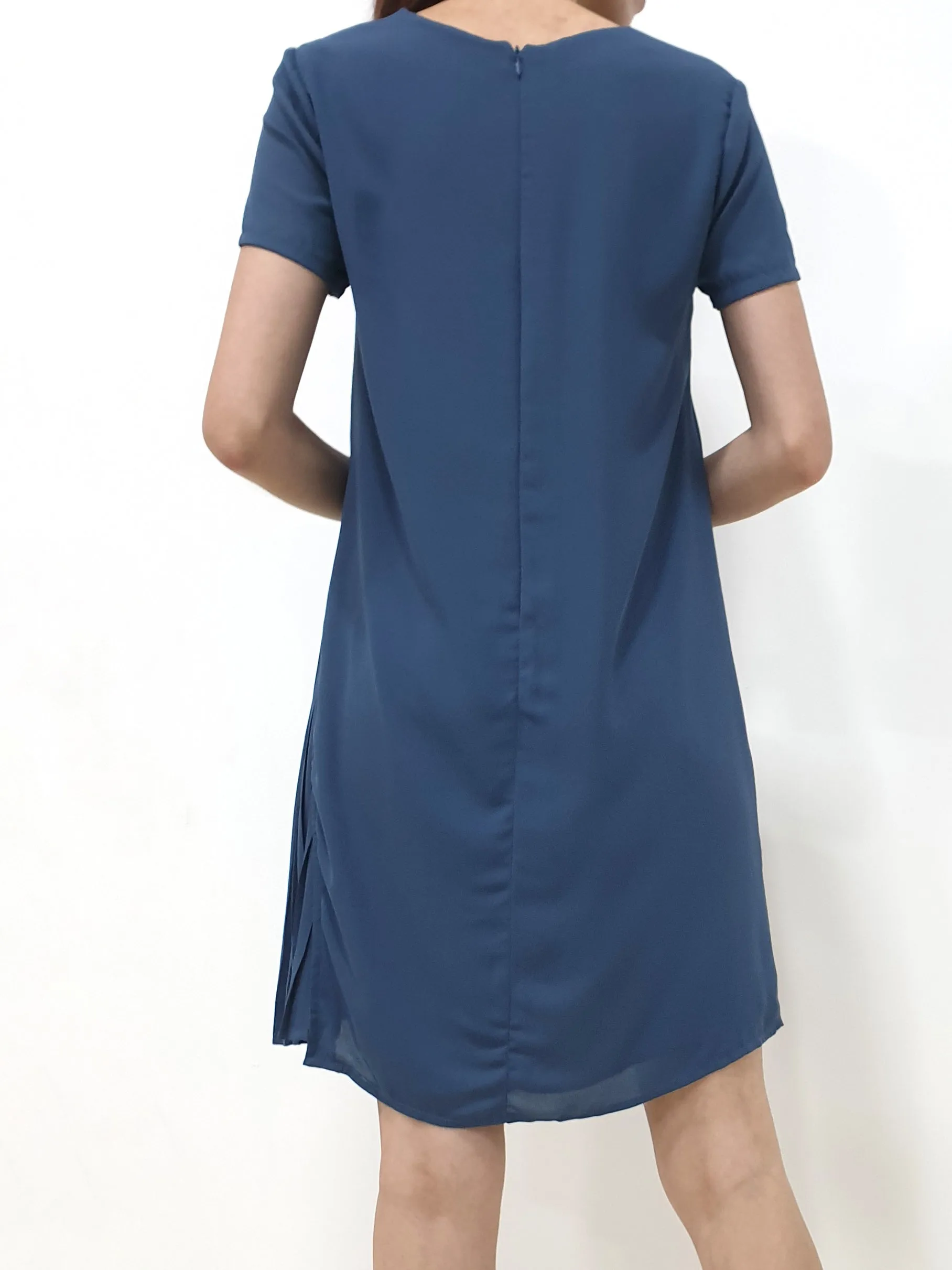 Side Pleated SS Dress - Blue (Non-returnable)