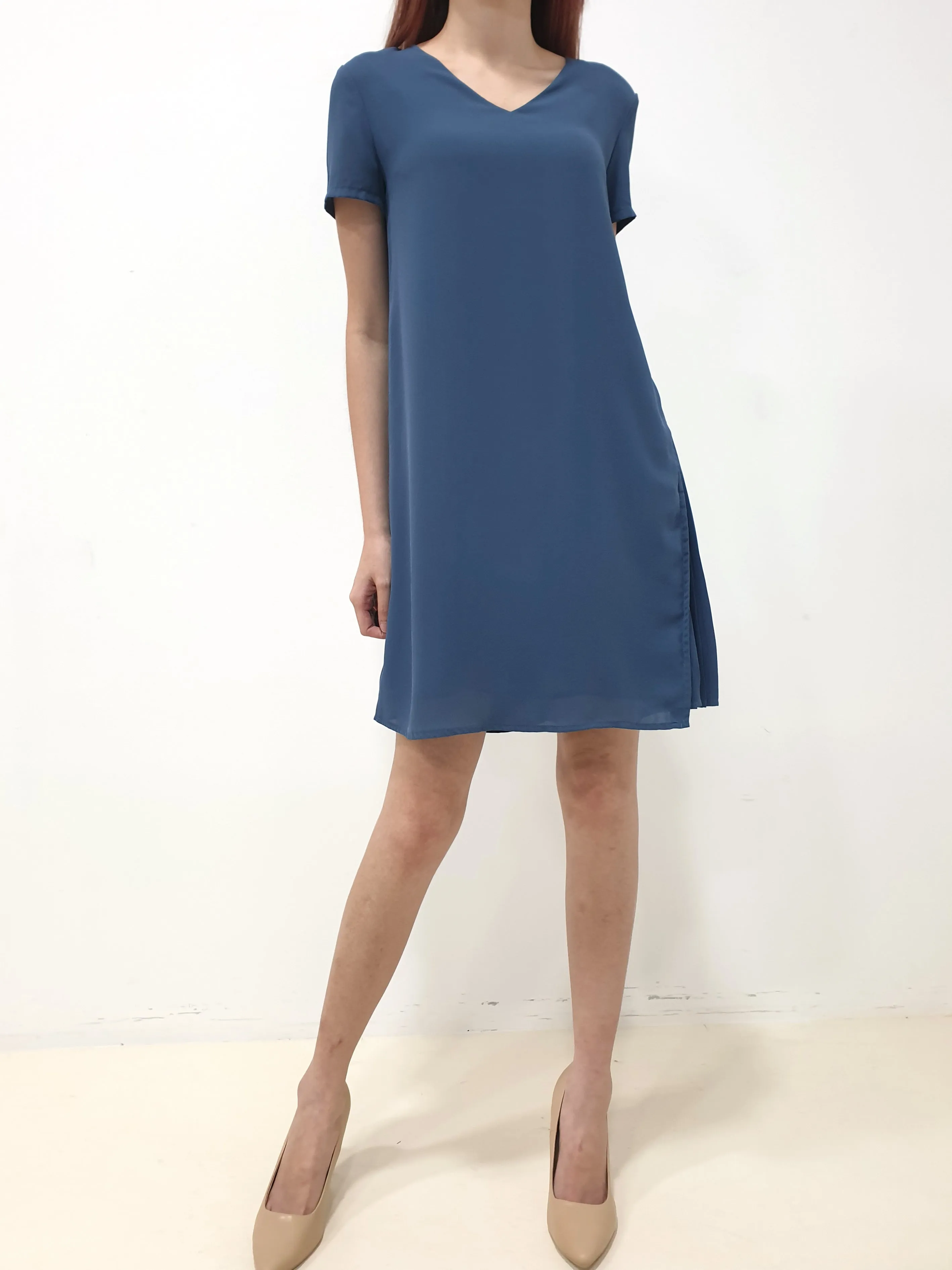 Side Pleated SS Dress - Blue (Non-returnable)