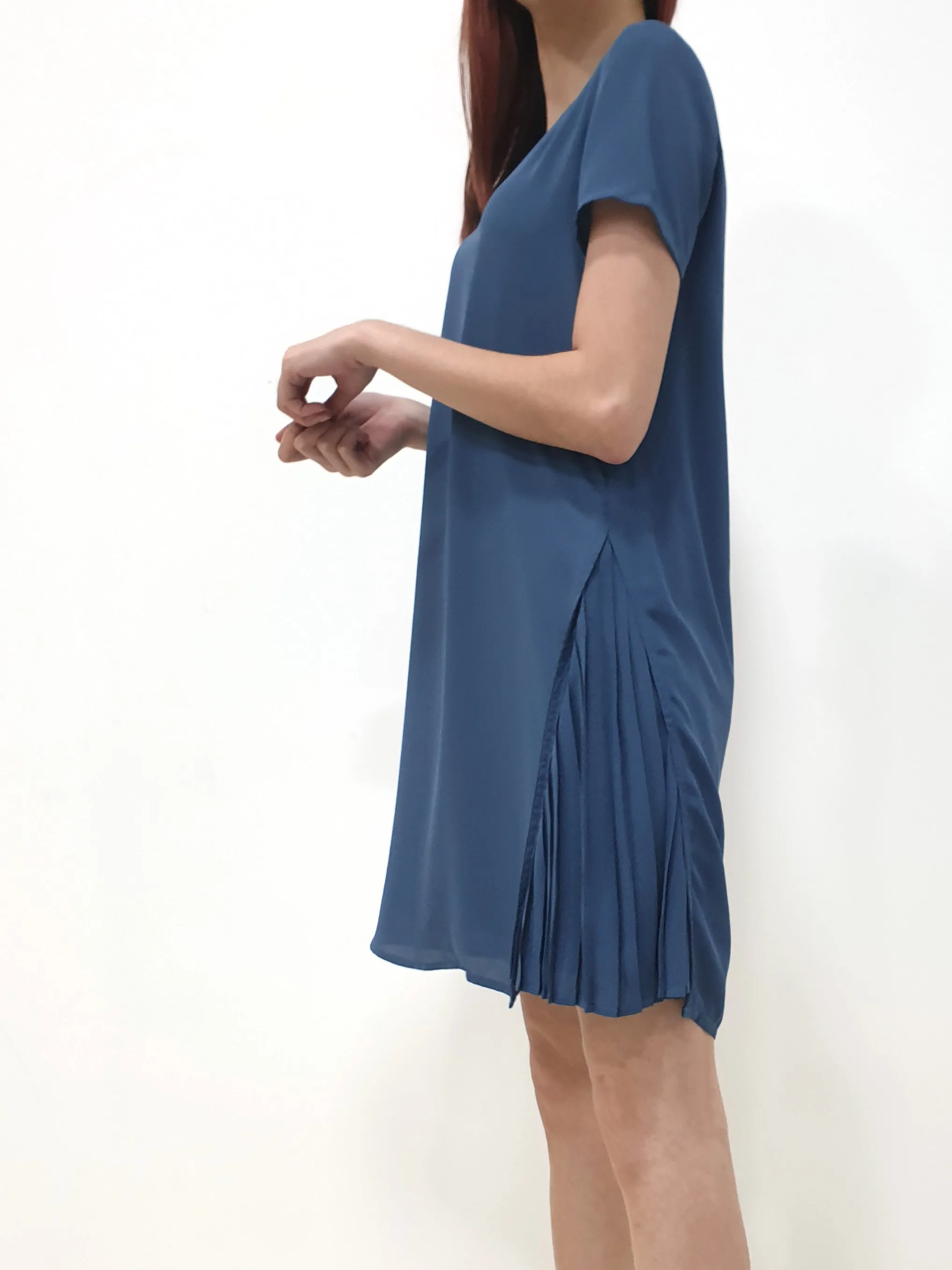Side Pleated SS Dress - Blue (Non-returnable)