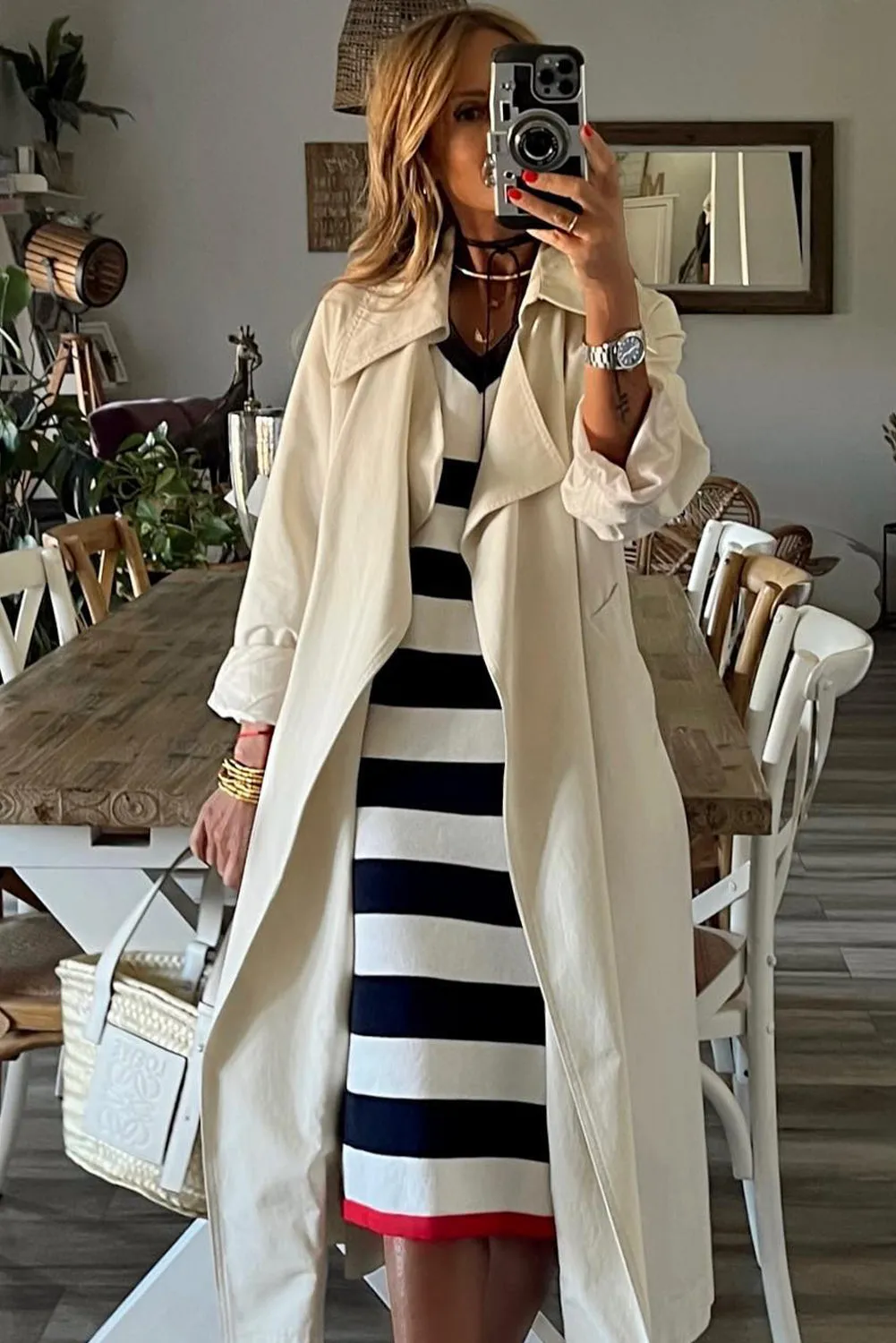 Stripe V Neck Cap Sleeve Midi Dress