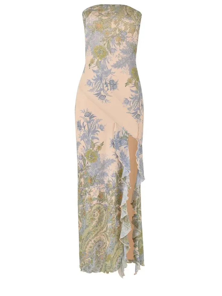 Summer Elegant Style Mesh Print Long Dress New Fashion Slim-fit Strapless Dress Women A-line Bodycon Ruffles Split Dress
