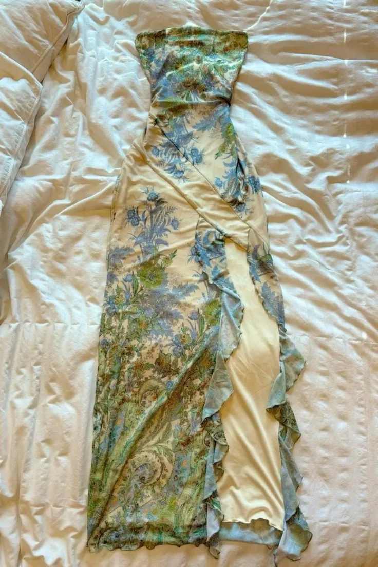 Summer Elegant Style Mesh Print Long Dress New Fashion Slim-fit Strapless Dress Women A-line Bodycon Ruffles Split Dress