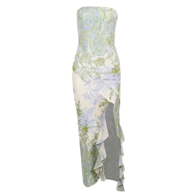 Summer Elegant Style Mesh Print Long Dress New Fashion Slim-fit Strapless Dress Women A-line Bodycon Ruffles Split Dress