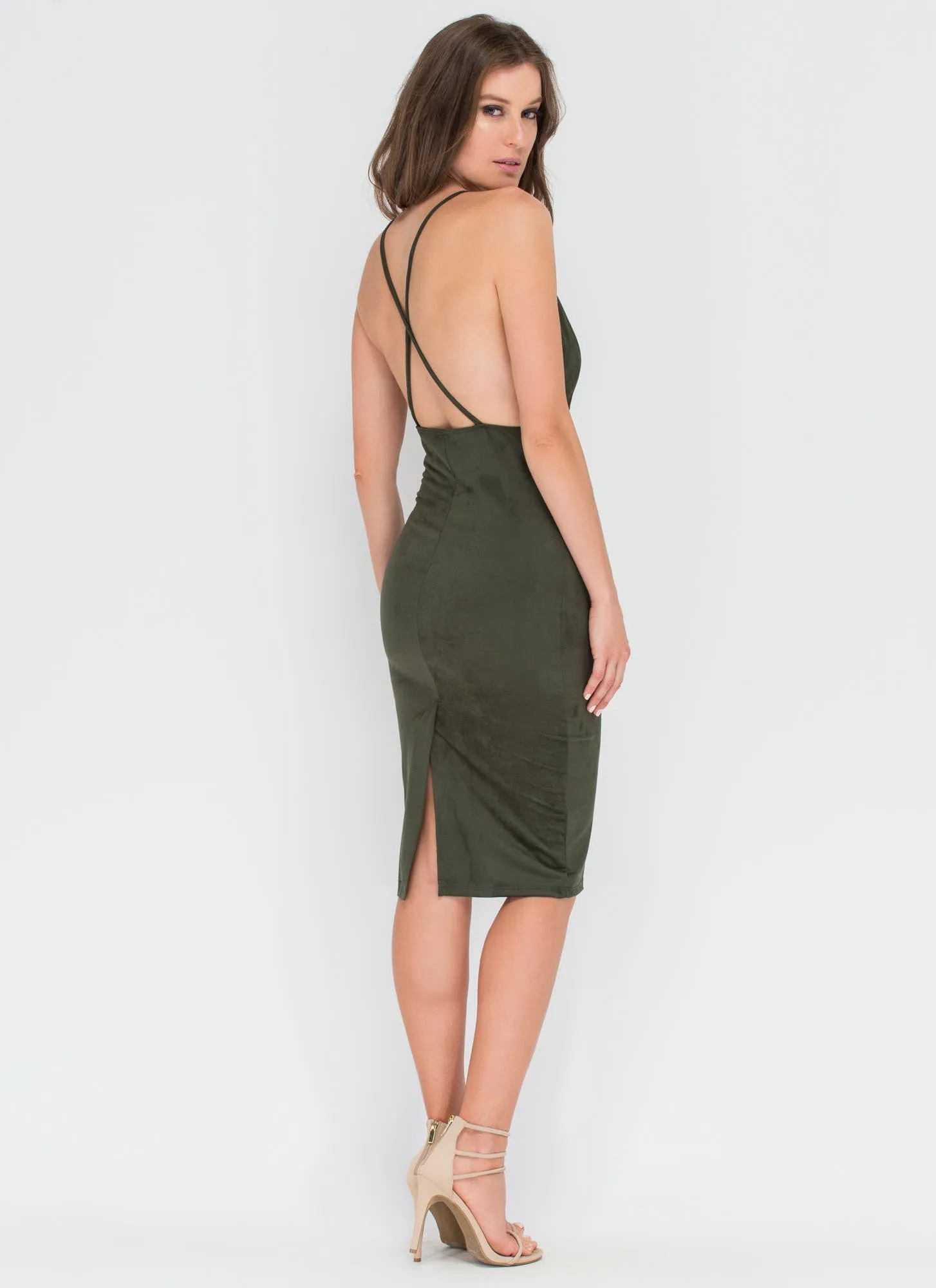 Take Notice Plunging Faux Suede Dress