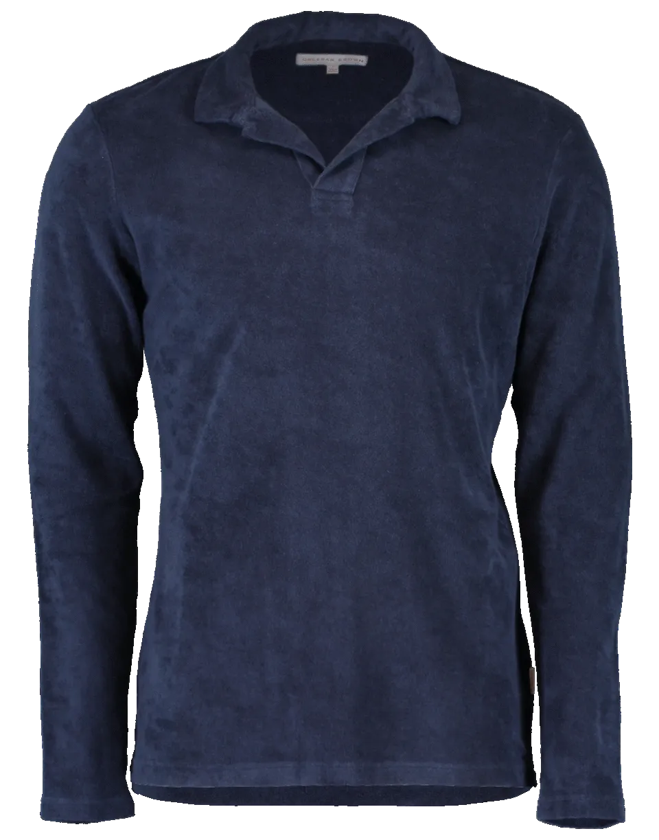 Terry Towelling Navy Resort Long Sleeve Polo
