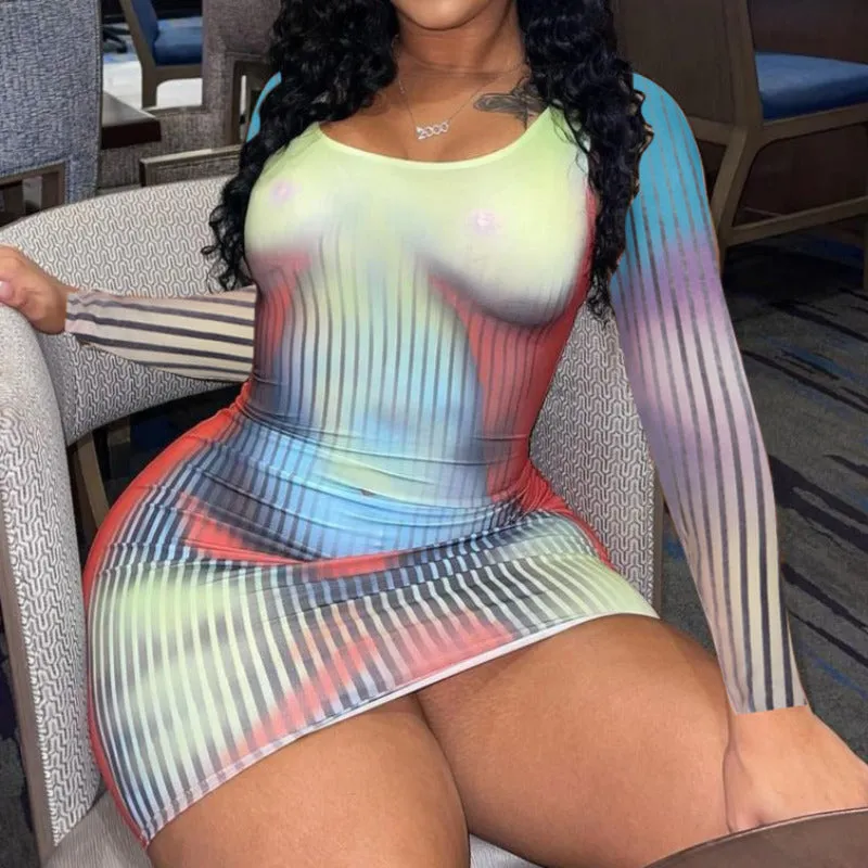 Thermal Print Long Sleeve Bodycon Mini Dress