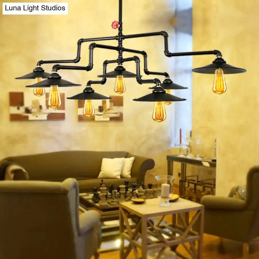Vintage Black Island Pendant Lamp with 7 Bulbs: Metallic 3-Layer Water Pipe Design for Living Room Hanging Light Fixture