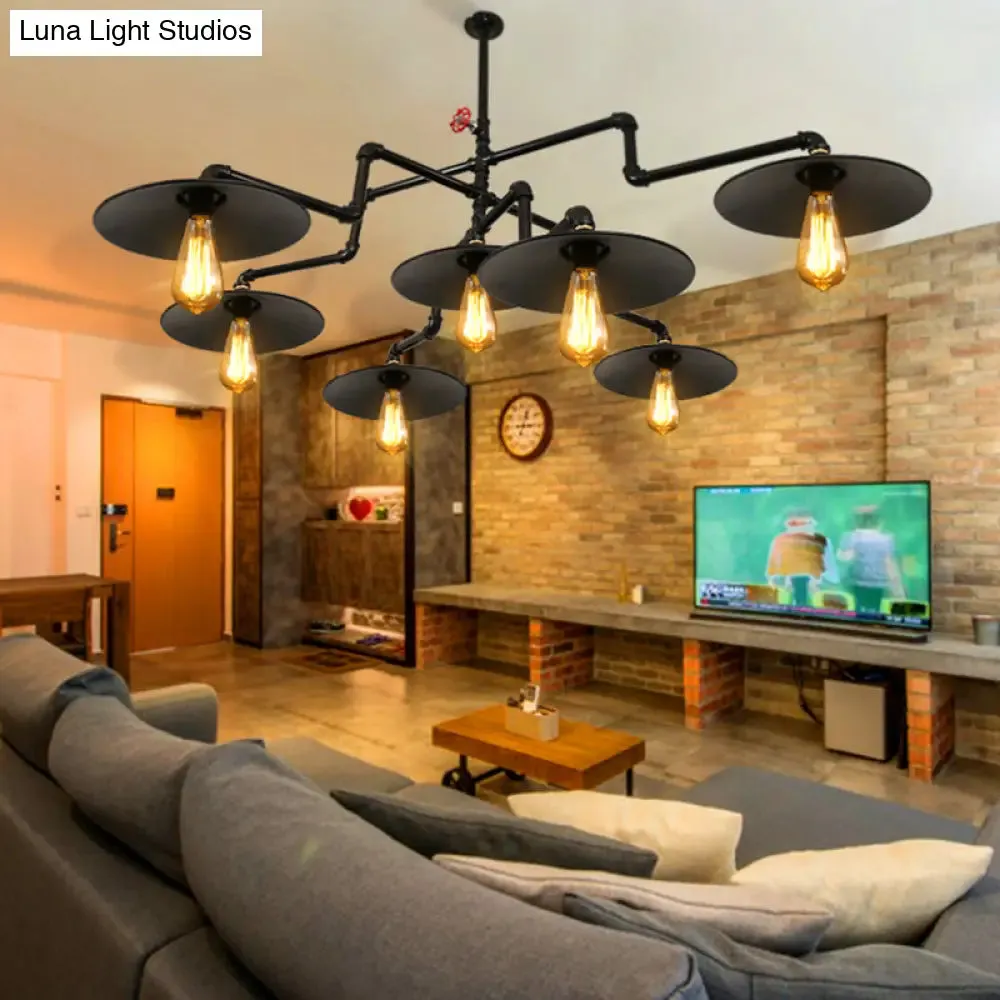 Vintage Black Island Pendant Lamp with 7 Bulbs: Metallic 3-Layer Water Pipe Design for Living Room Hanging Light Fixture