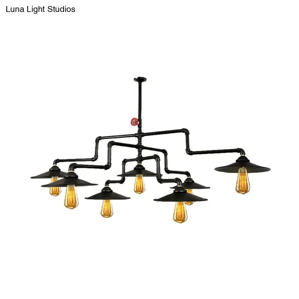 Vintage Black Island Pendant Lamp with 7 Bulbs: Metallic 3-Layer Water Pipe Design for Living Room Hanging Light Fixture